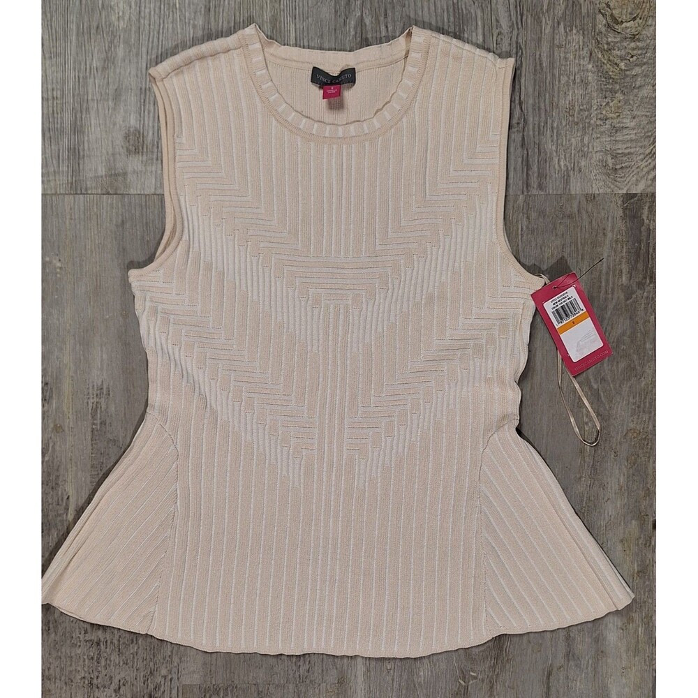 Vince Camuto Women's Small Beige Sleeveless Top Wide Ribbed, Summer Casual